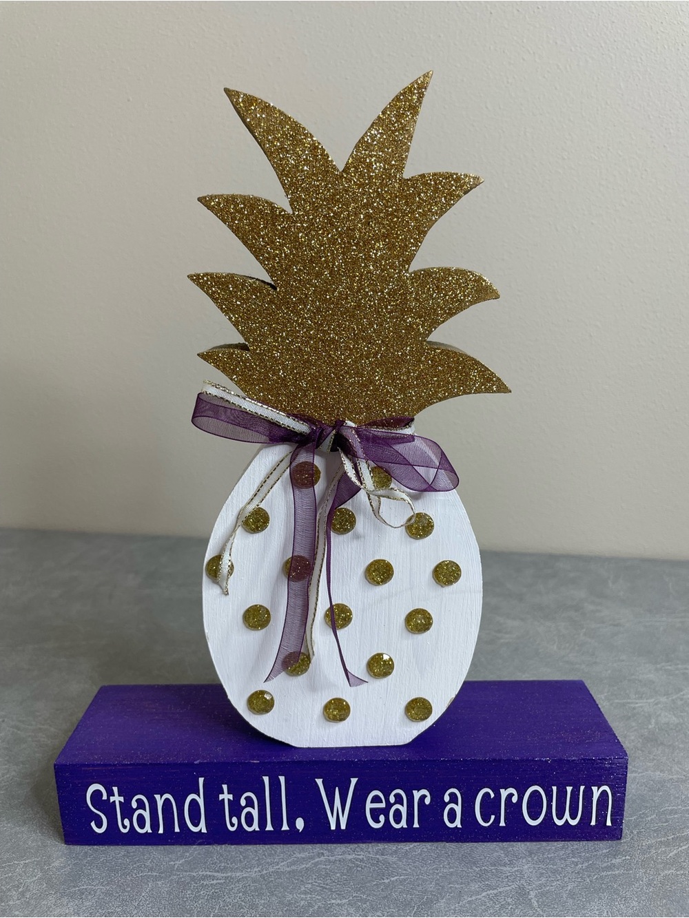 Hand Crafted White, Gold & Purple Pineapple Table Decor